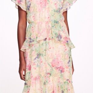 Marchesa Floral Ruffle Midi Dress